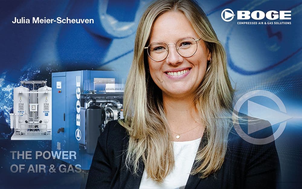 Smiling woman in front of BOGE air compressor systems with text "The Power of Air & Gas" and BOGE logo.