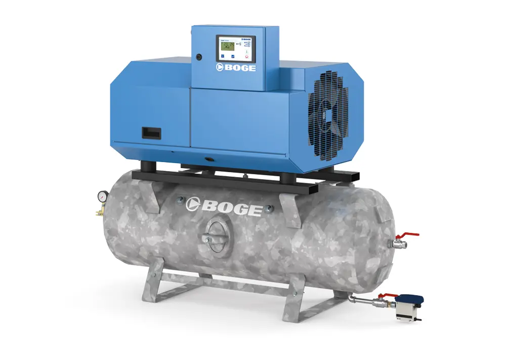 Ein BOGE oelfreier Kolbenkompressor von der K-Baureihe auf einem Behaelter montiert