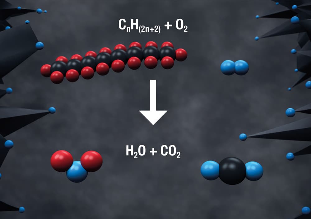 illustrierte abbildung der Reaktion von gesaettigten Kohlenwasserstoffen mit Sauerstoff bei der Wasser und Kohlenstoffdioxid entsteht