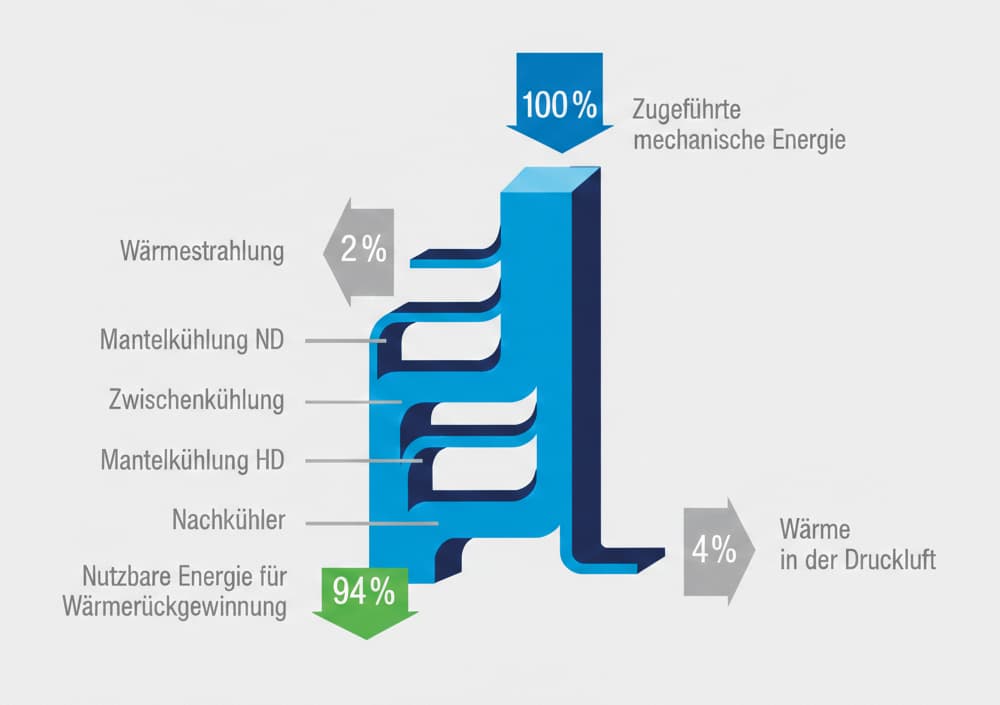 Diagramm über die Umwandlung der Mechanischen Energie Wärmeenergie bezueglich Waermerückgewinnung bei Kompressoren