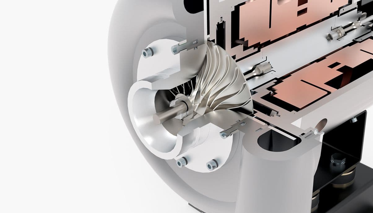 Ein BOGE Turbokompressor, mit der Ansicht von innen wo man genau das impeller Laufrad sehen kann