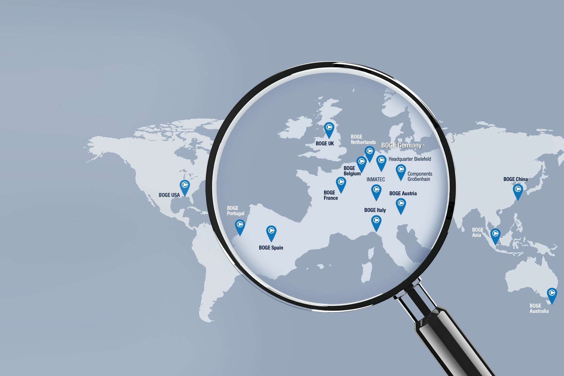 Grosse Lupe über Weltkarte mit internationalen BOGE Standorten und Tochtergesellschaften