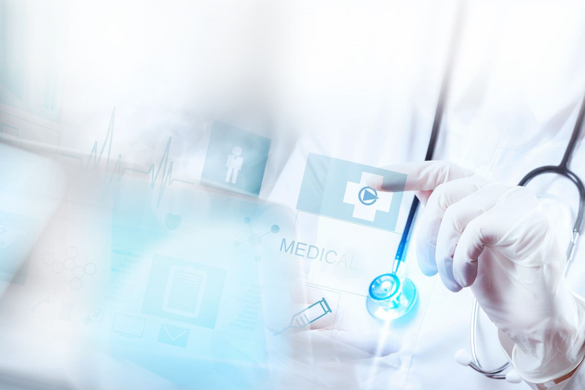 Weißer Arzt-Kittel, Stethoskop und medizinische Handschuhe mit BOGE Logo