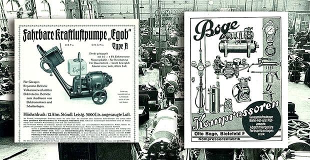 zwei alte Plakate auf denen sich alte Kompressoren und deren Bestandteile befinden