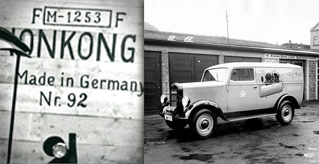 Schwarz weiß Abbildung eines alten Autos vor einer halle und ein Foto von einem altem Versand nach Honkong